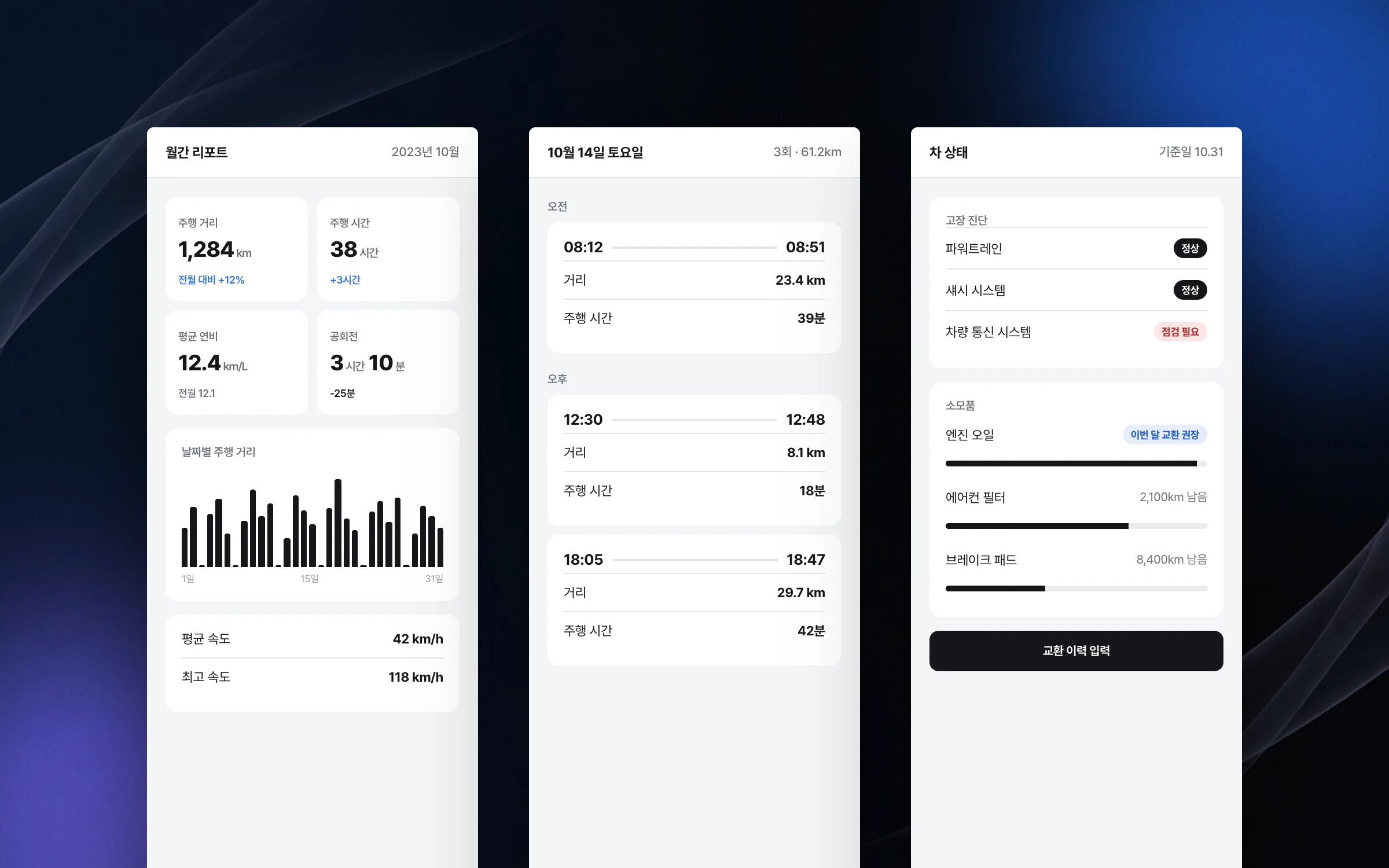 한 달의 운전과 차 상태를 리포트 한 장으로